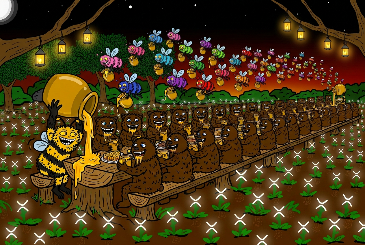 Buzzy pouring honey for a table of Fuzzy Bears