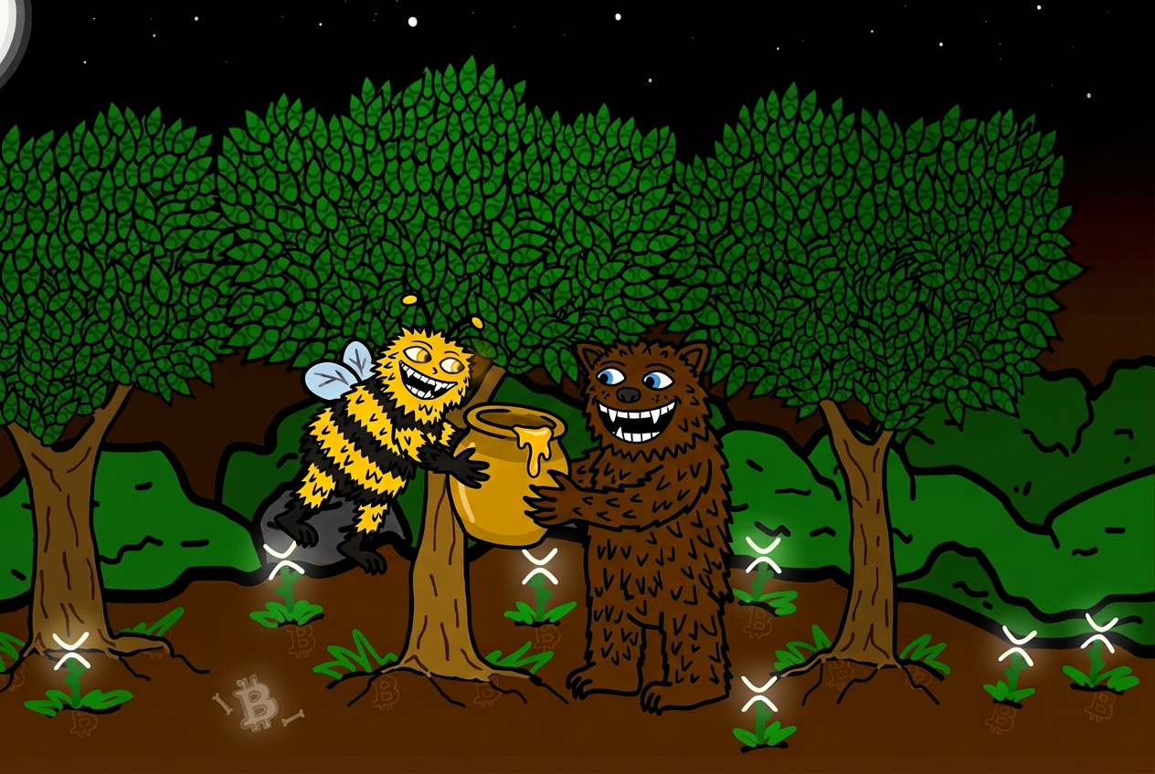 Buzzy giving a honey pot to Fuzzy Bear